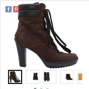 [6.5] Tod's Aspen Penny Lu Lace Up Heeled Boots in Brown Suede Winter NWOT